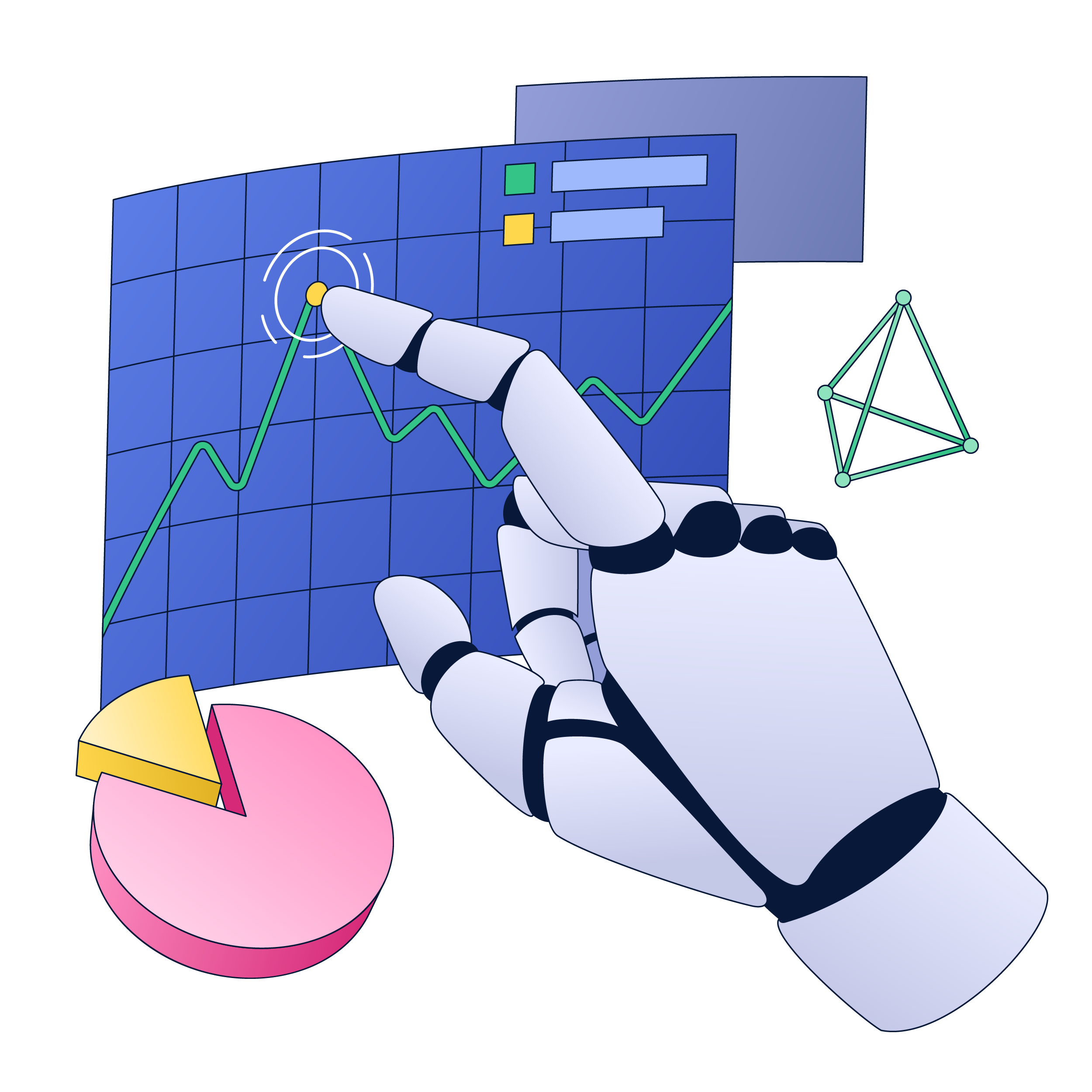 Illustration of a robotic hand interacting with a line chart dashboard, with supporting pie and network graphics representing AI-powered data analysis and forecasting.