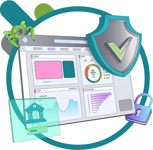 Illustration of an analytics dashboard surrounded by security and trust icons (shield with checkmark, lock, government building, airplane), representing protected access to enterprise information.