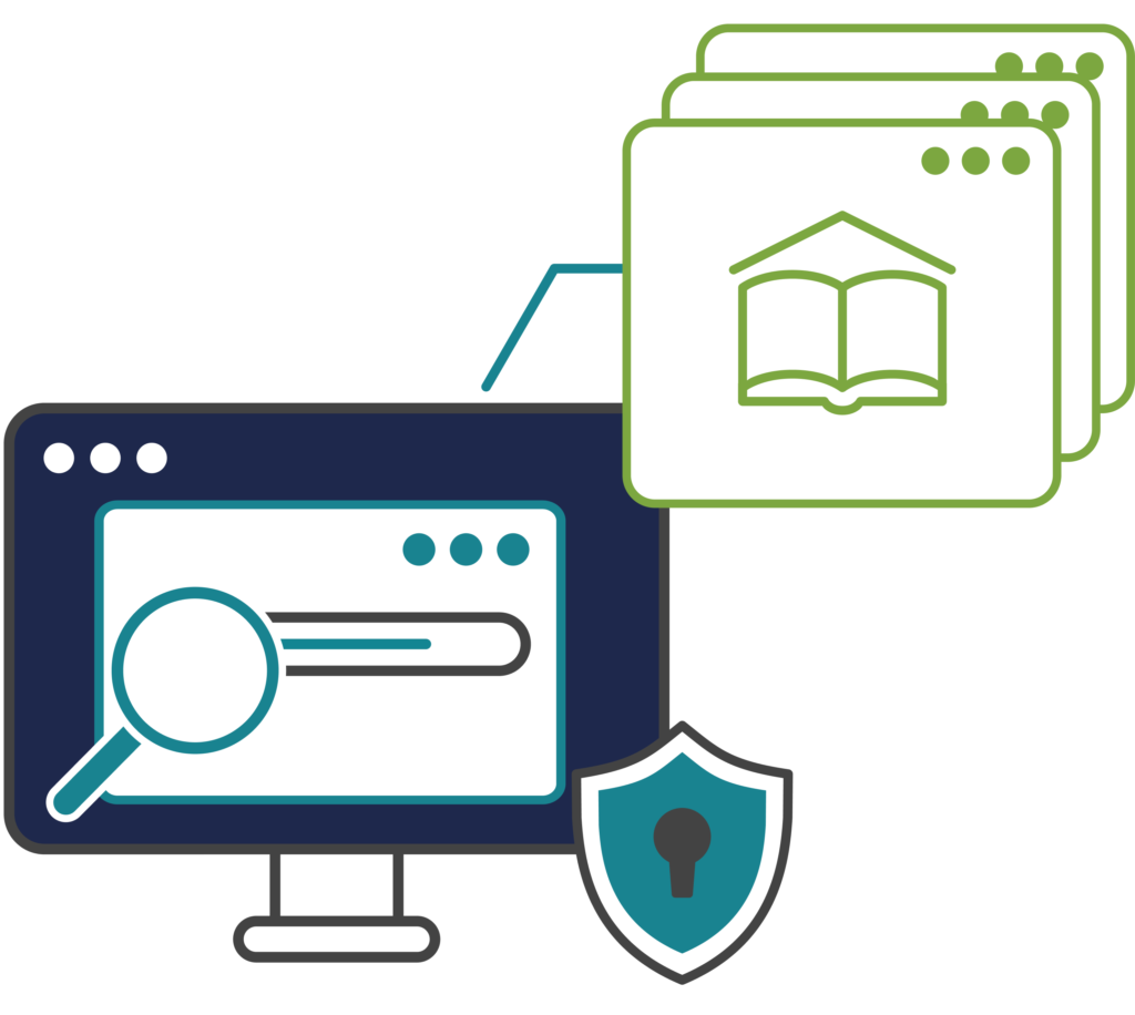 Illustration of a secure online search interface with education, browser, and shield icons.