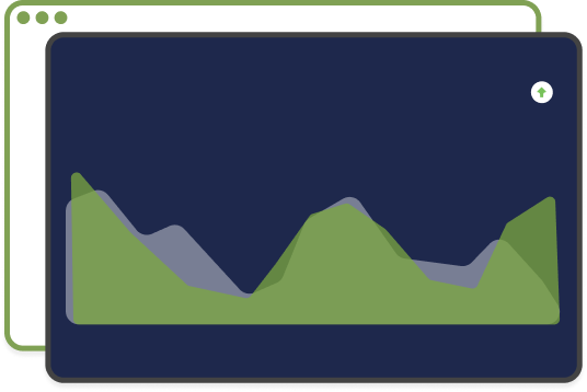Illustration of overlapping analytics dashboard windows showing area chart performance trends.