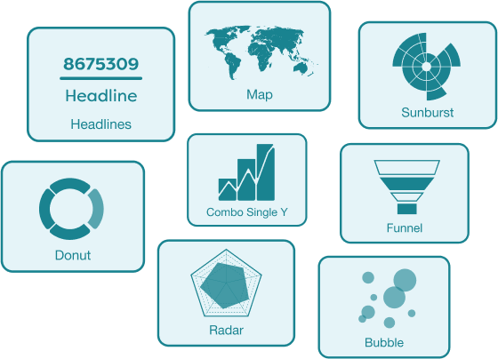 Illustration of multiple data visualization cards showing charts, maps, metrics, and dashboard reporting tools.