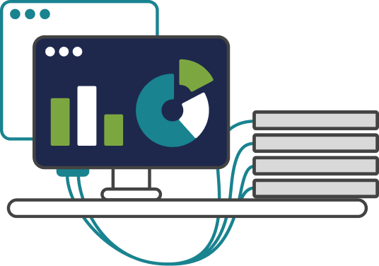Illustration of an analytics dashboard connected to data storage servers.
