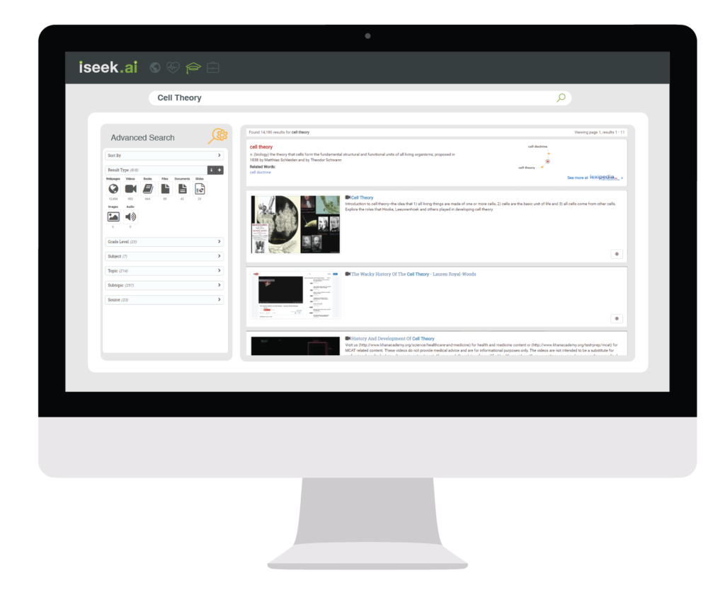 iseek medical Desktop computer showing the iSeek.ai search platform with advanced filters and educational content results.