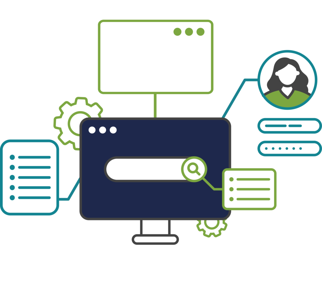 Illustration of a digital search platform with connected profile, settings, list, and data icons.